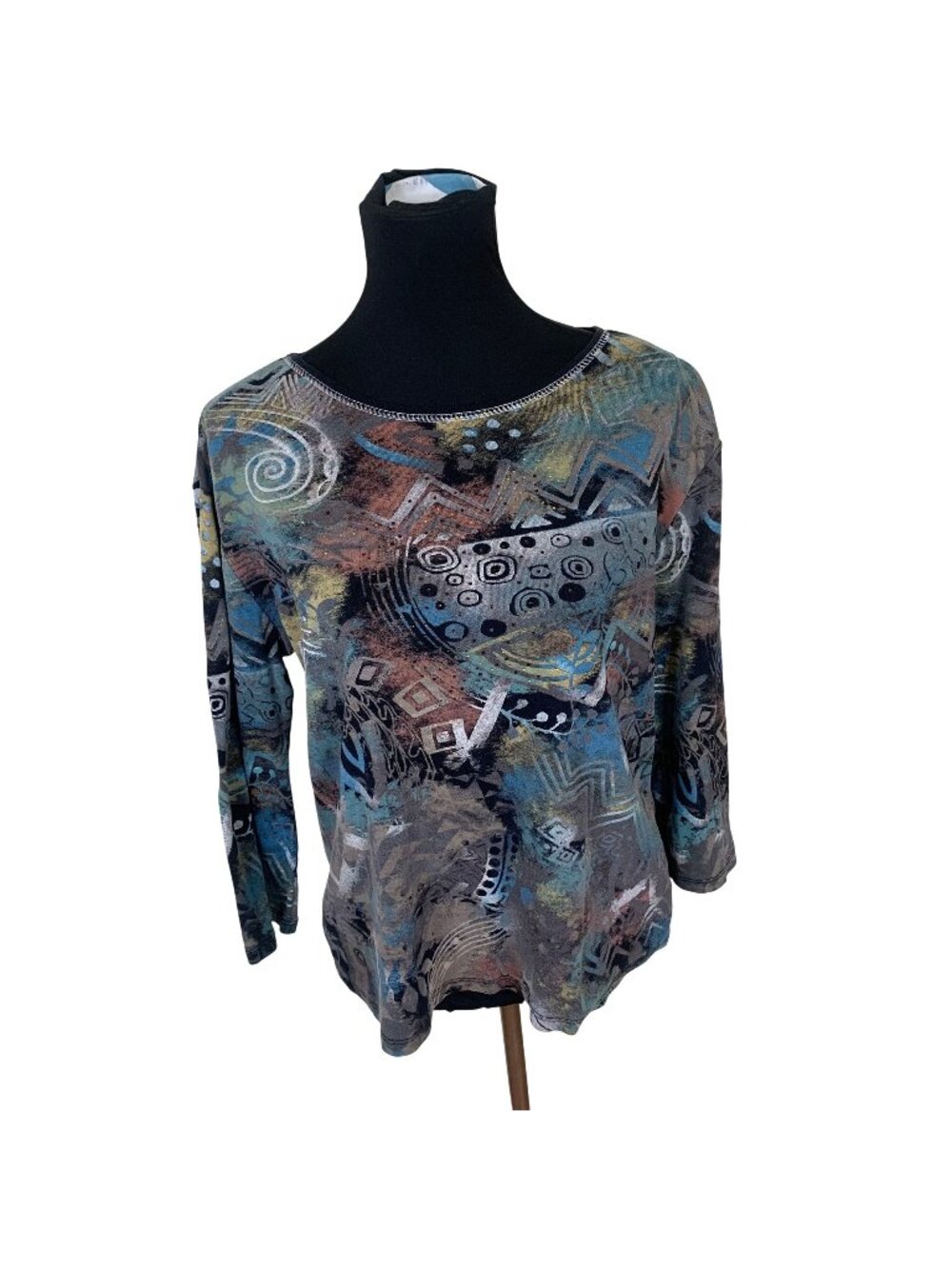Vtg Womens Western Shirt Large Abstract Long Sleeve Top Geometric Patterns Black